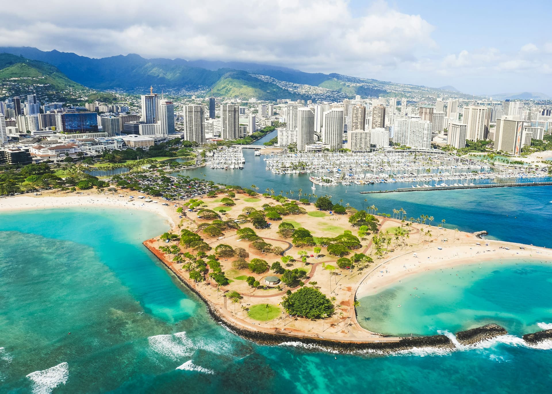 Aerial shot of Honolulu, Hawaii during the month of June.