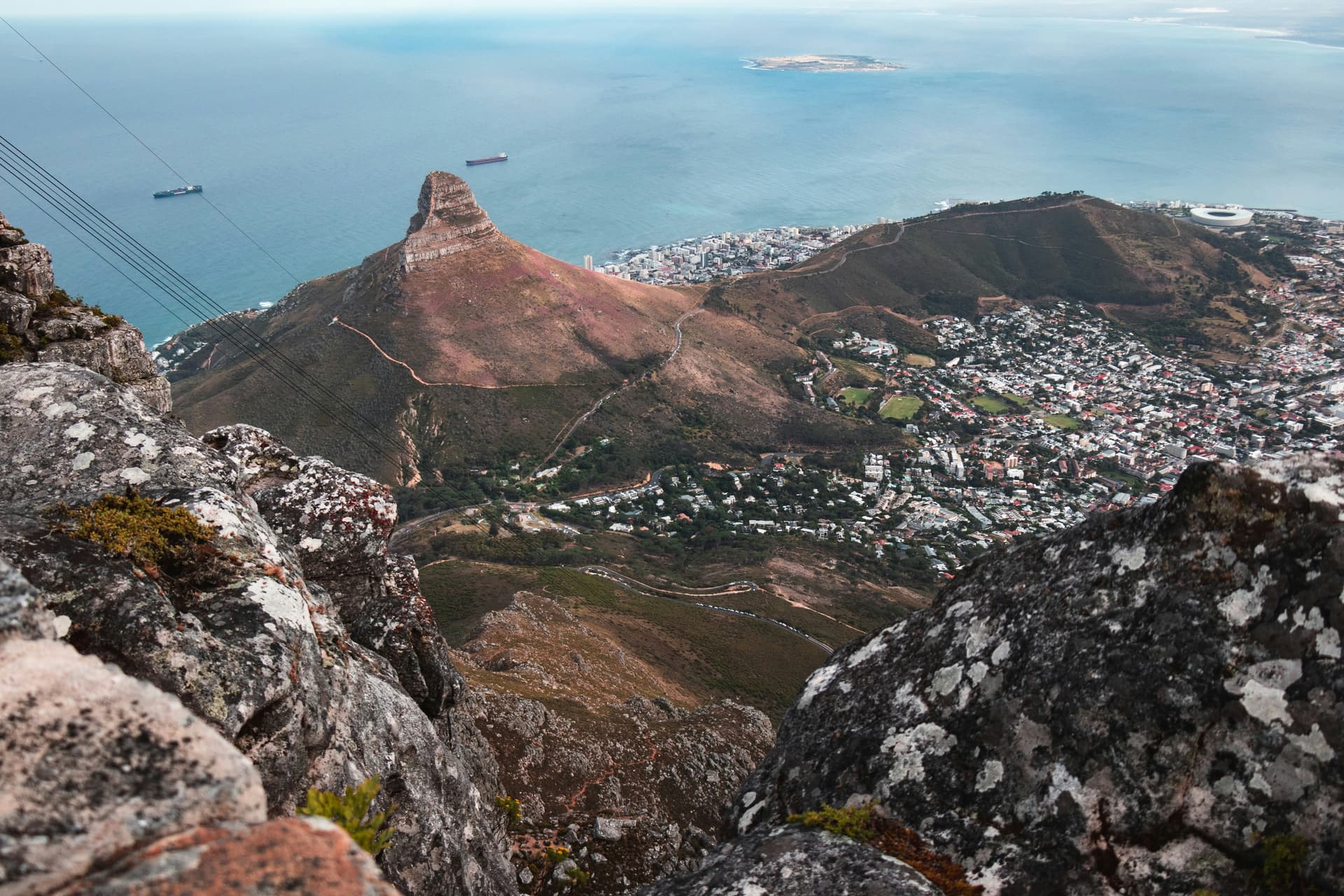 View of Lion's Head, Signal Hill and Robben Island from Table Mountain